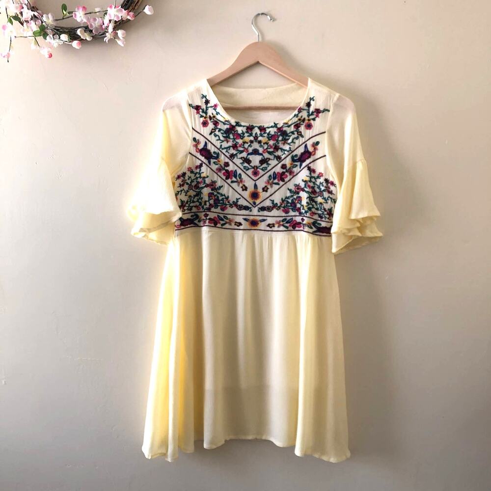 Floral Embroidered Tunic Mini Dress Yellow Size S